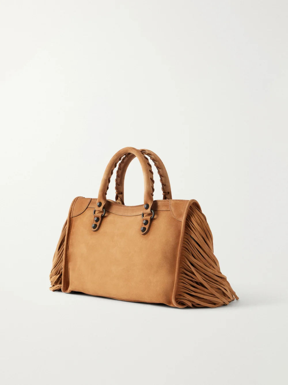 Back view of the Balenciaga Le City Small Fringed Suede Shoulder Bag