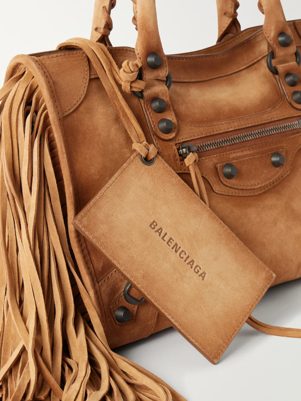Close-up detail of the Balenciaga Le City Small Fringed Suede Shoulder Bag