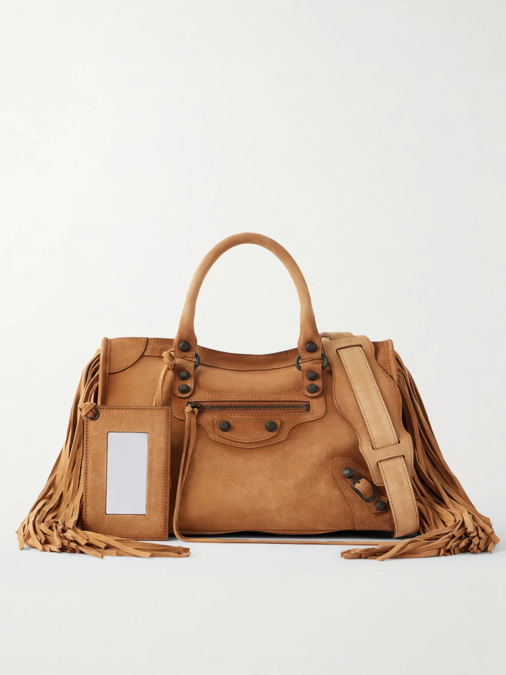 Balenciaga Le City Small Fringed Suede Shoulder Bag in brown