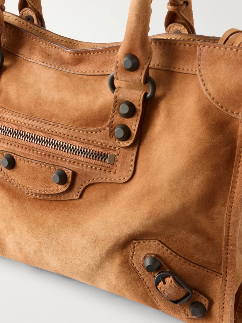 Close-up detail of the Balenciaga Le City Small Suede Shoulder Bag