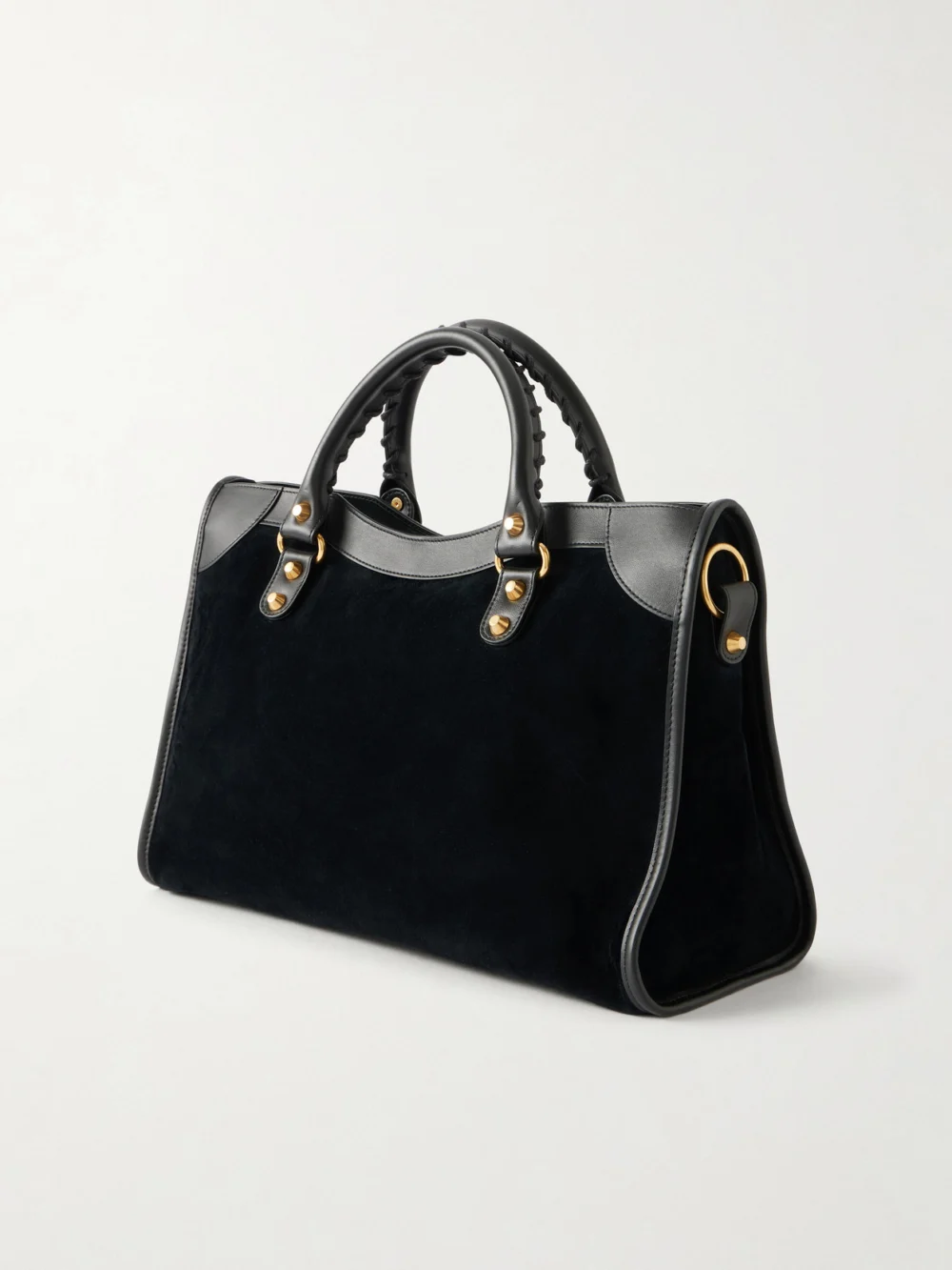Back view of the Balenciaga Le City Studded Leather-trimmed Suede Shoulder Bag