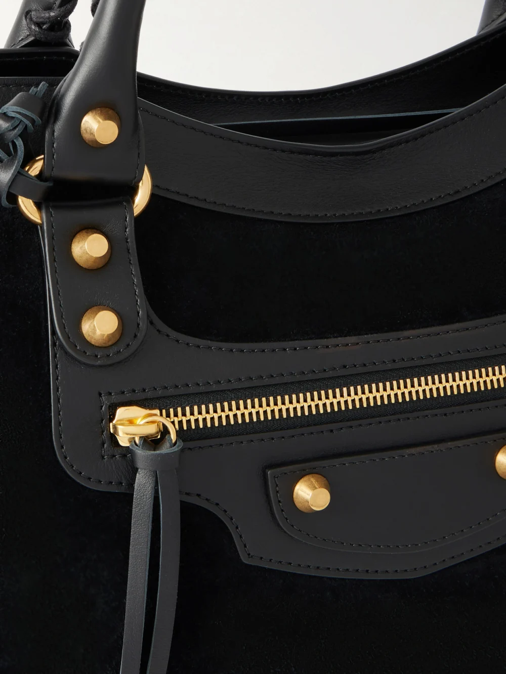 Close-up detail of the Balenciaga Le City Studded Leather-trimmed Suede Shoulder Bag