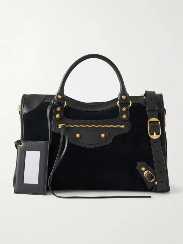 Balenciaga Le City Studded Leather-trimmed Suede Shoulder Bag