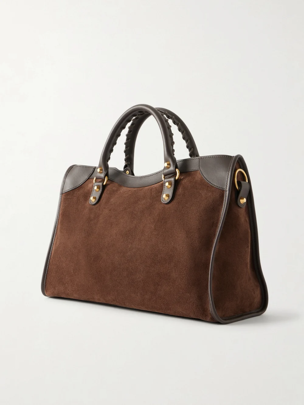Back view of the Balenciaga Le City Studded Leather-trimmed Suede Shoulder Bag