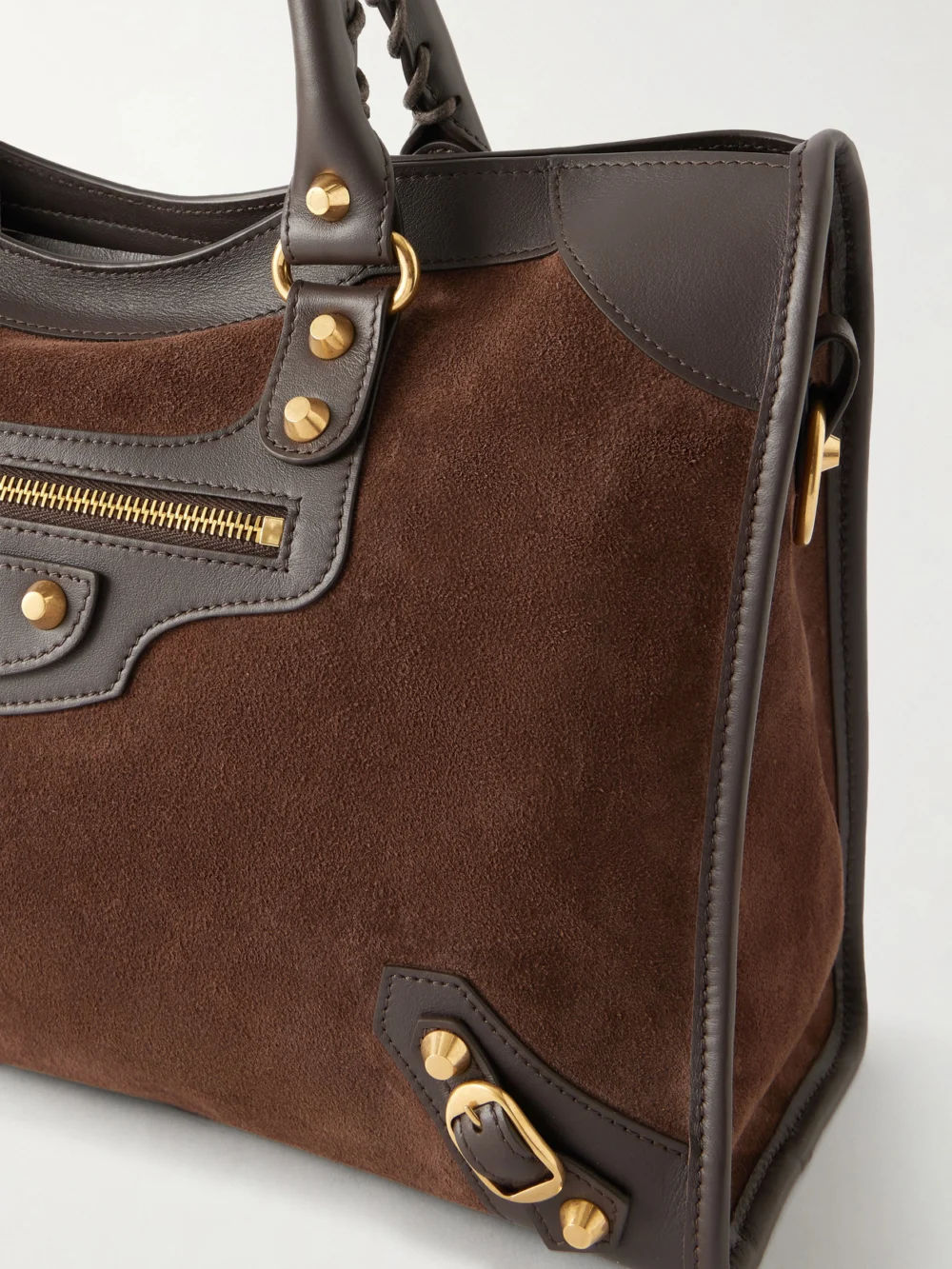 Close-up detail of the Balenciaga Le City Studded Leather-trimmed Suede Shoulder Bag