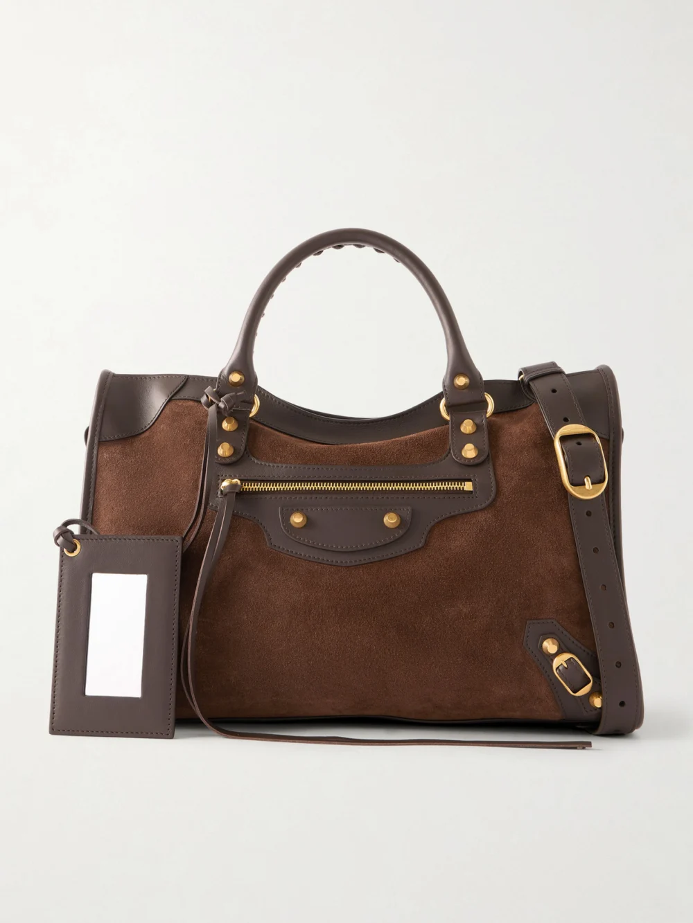 Balenciaga Le City Studded Leather-trimmed Suede Shoulder Bag in brown