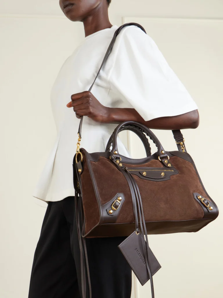 Balenciaga Le City Studded Leather-trimmed Suede Shoulder Bag