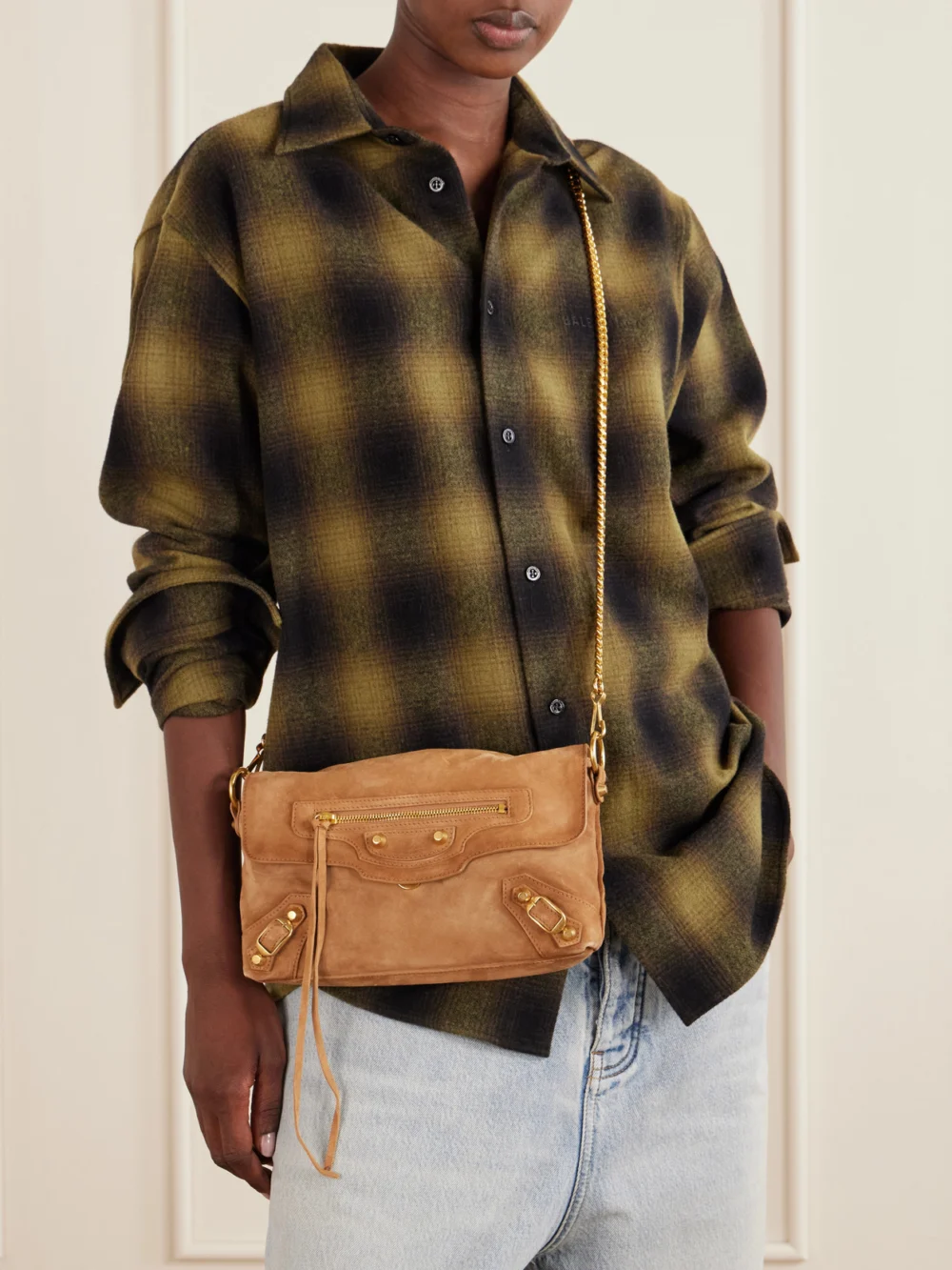 Balenciaga Le City Suede Shoulder Bag, styled view