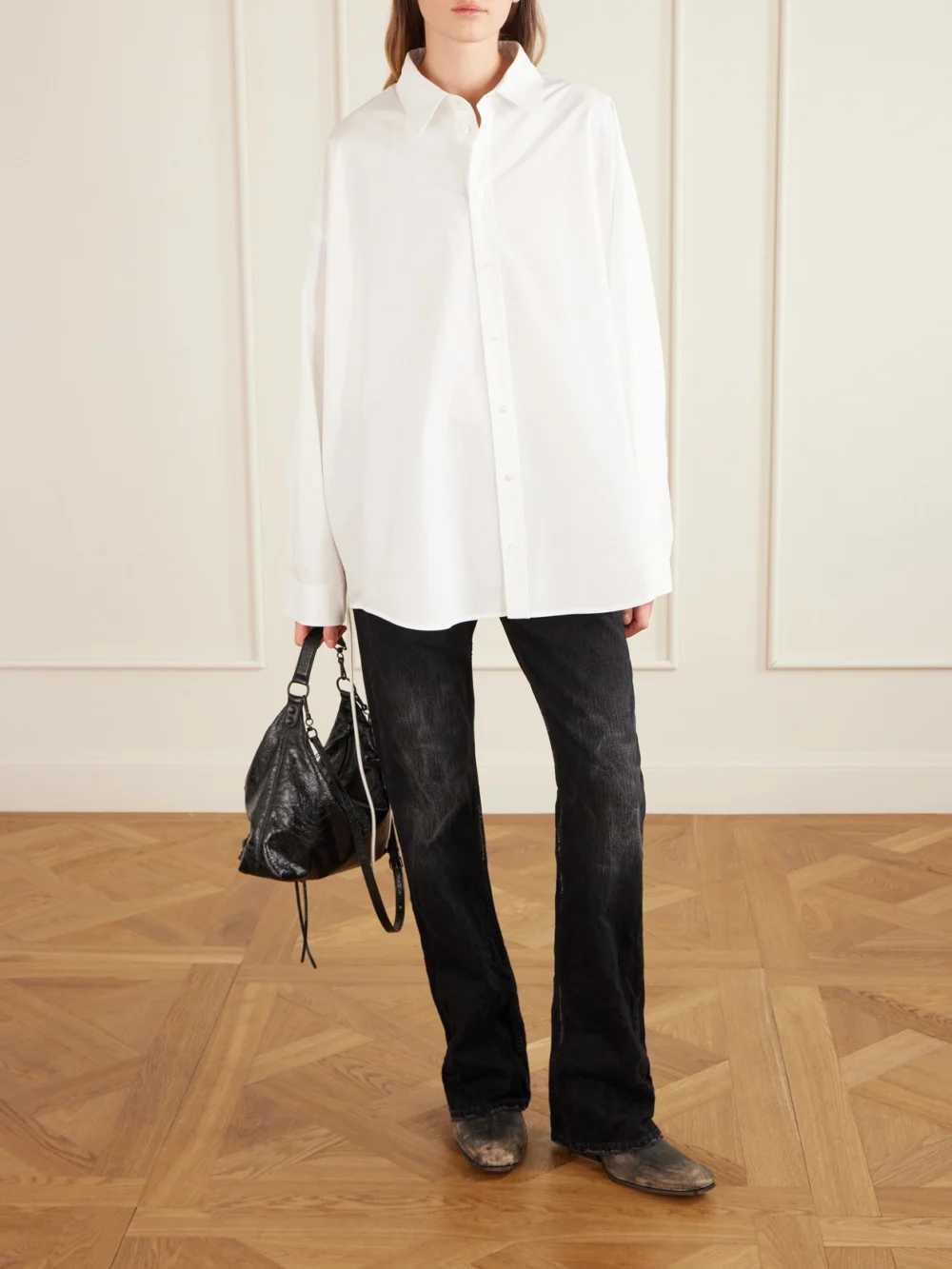 Balenciaga Memphis Distressed Leather Cowboy Boots, styled view