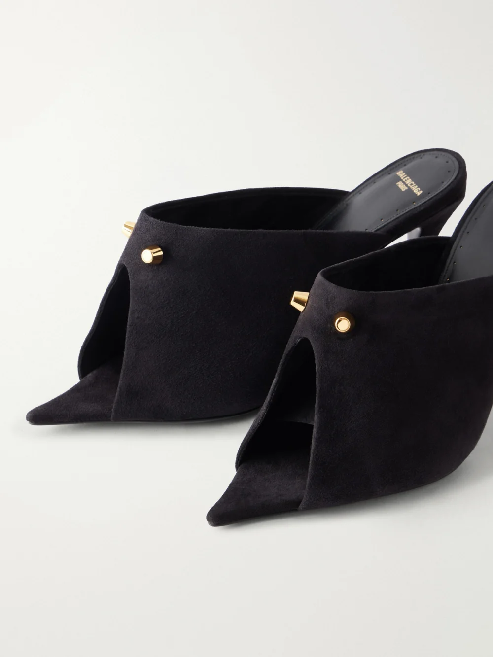 Close-up detail of the Balenciaga Midnight City Studded Suede Mule