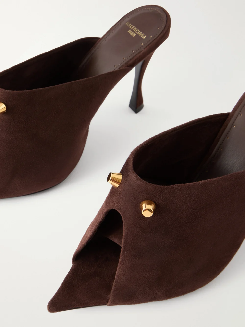 Close-up detail of the Balenciaga Midnight City Studded Suede Mule
