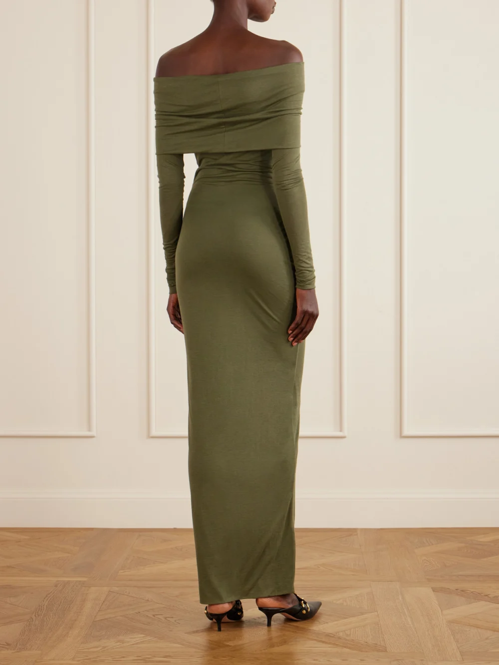 Back view of the Balenciaga Off-the-shoulder Cotton-blend Maxi Dress