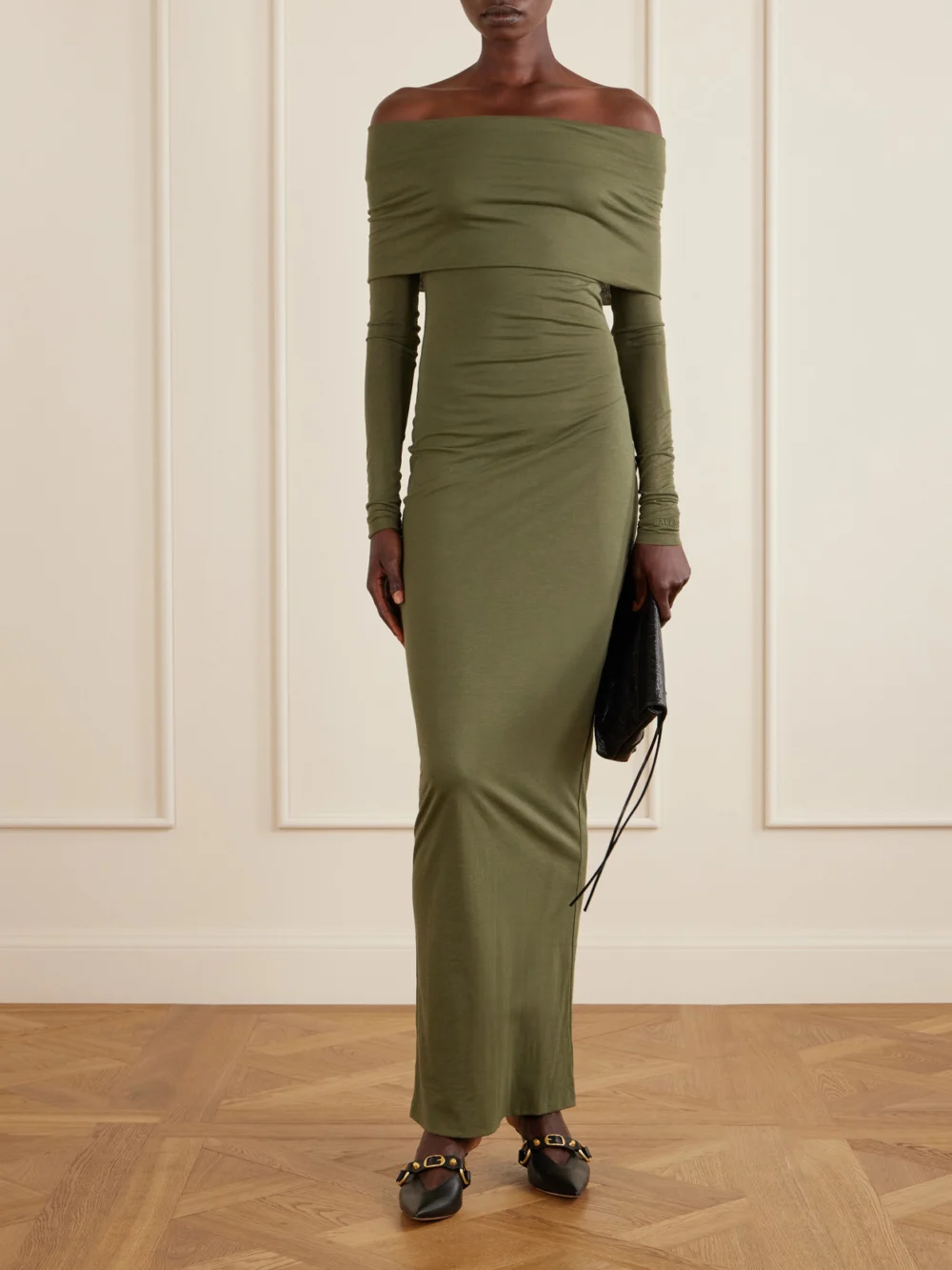 Balenciaga Off-the-shoulder Cotton-blend Maxi Dress, worn by a model