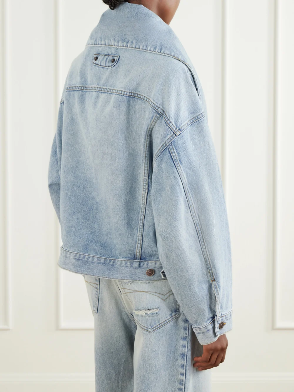 Back view of the Balenciaga Oversized-collar Cropped Denim Jacket