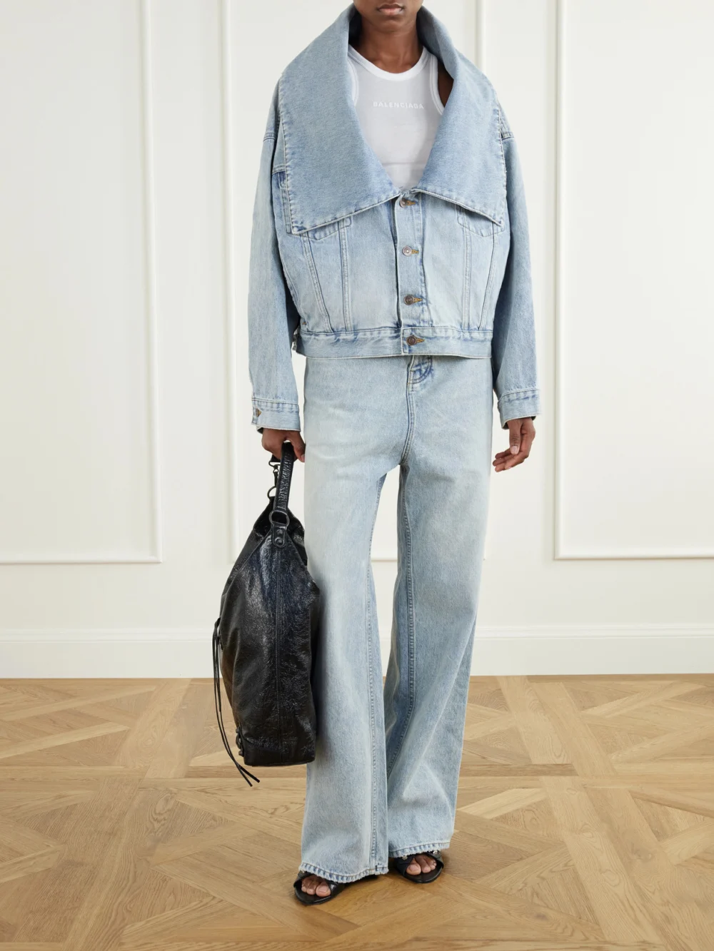Balenciaga Oversized-collar Cropped Denim Jacket, worn by a model