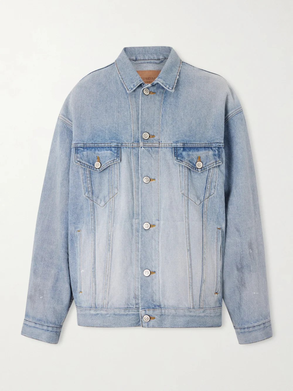 Balenciaga Oversized Distressed Printed Denim Jacket in light denim