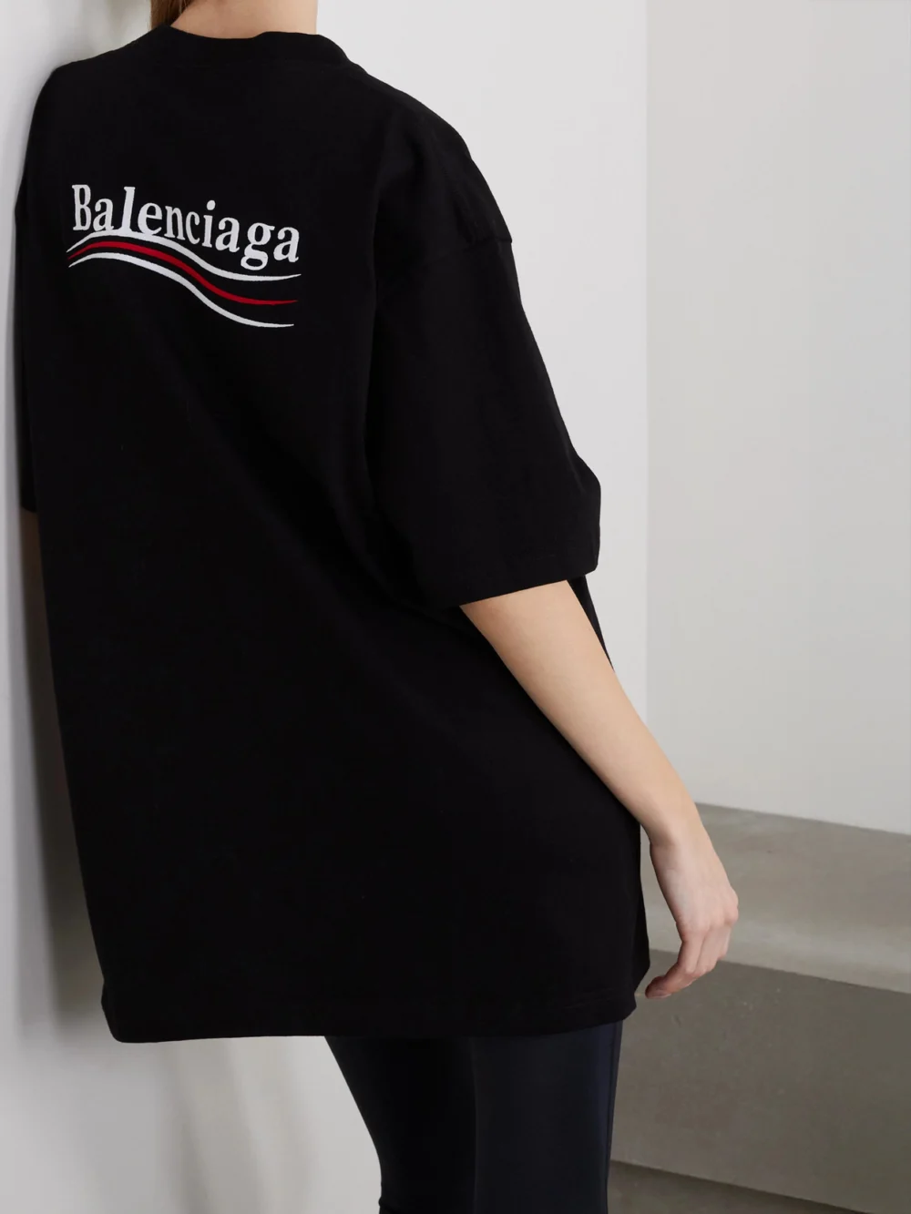 Back view of the Balenciaga Oversized Embroidered Cotton-jersey T-shirt
