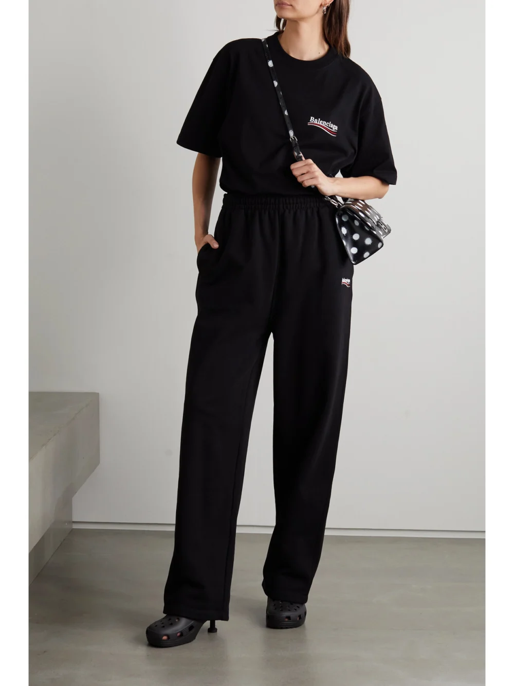 Balenciaga Oversized Embroidered Cotton-jersey T-shirt, worn by a model