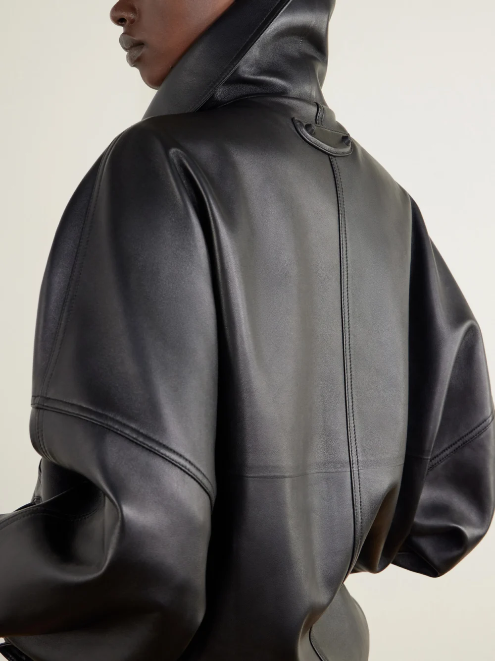 Close-up detail of the Balenciaga Oversized Paneled Leather Biker Jacket