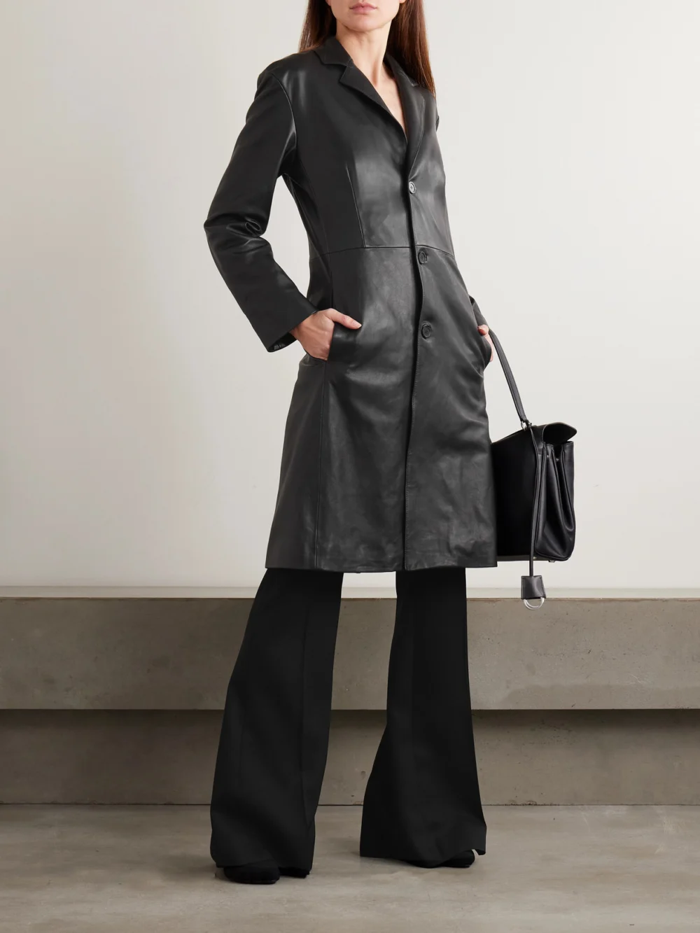Balenciaga Paneled Leather Coat, worn by a model