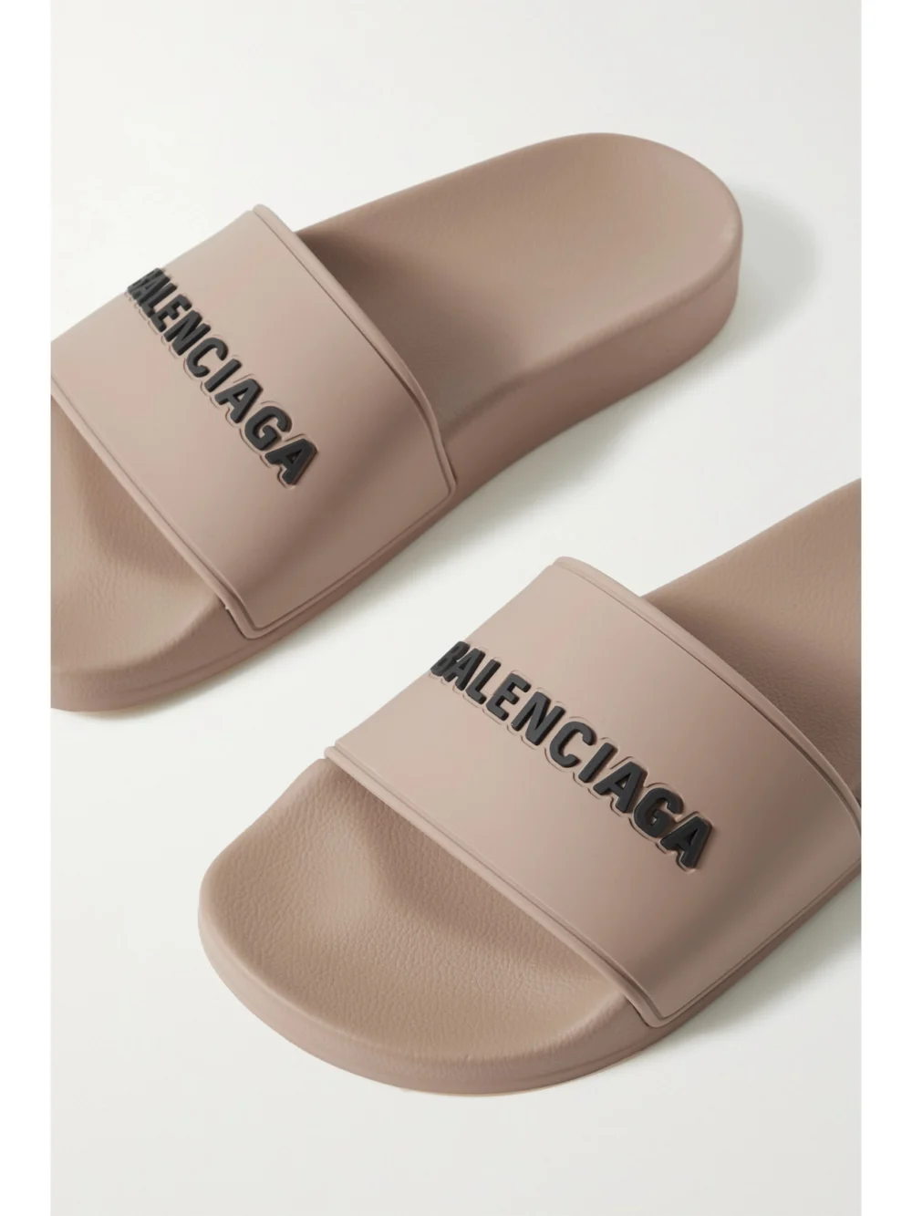 Close-up detail of the Balenciaga Piscine Logo-embossed Rubber Slides