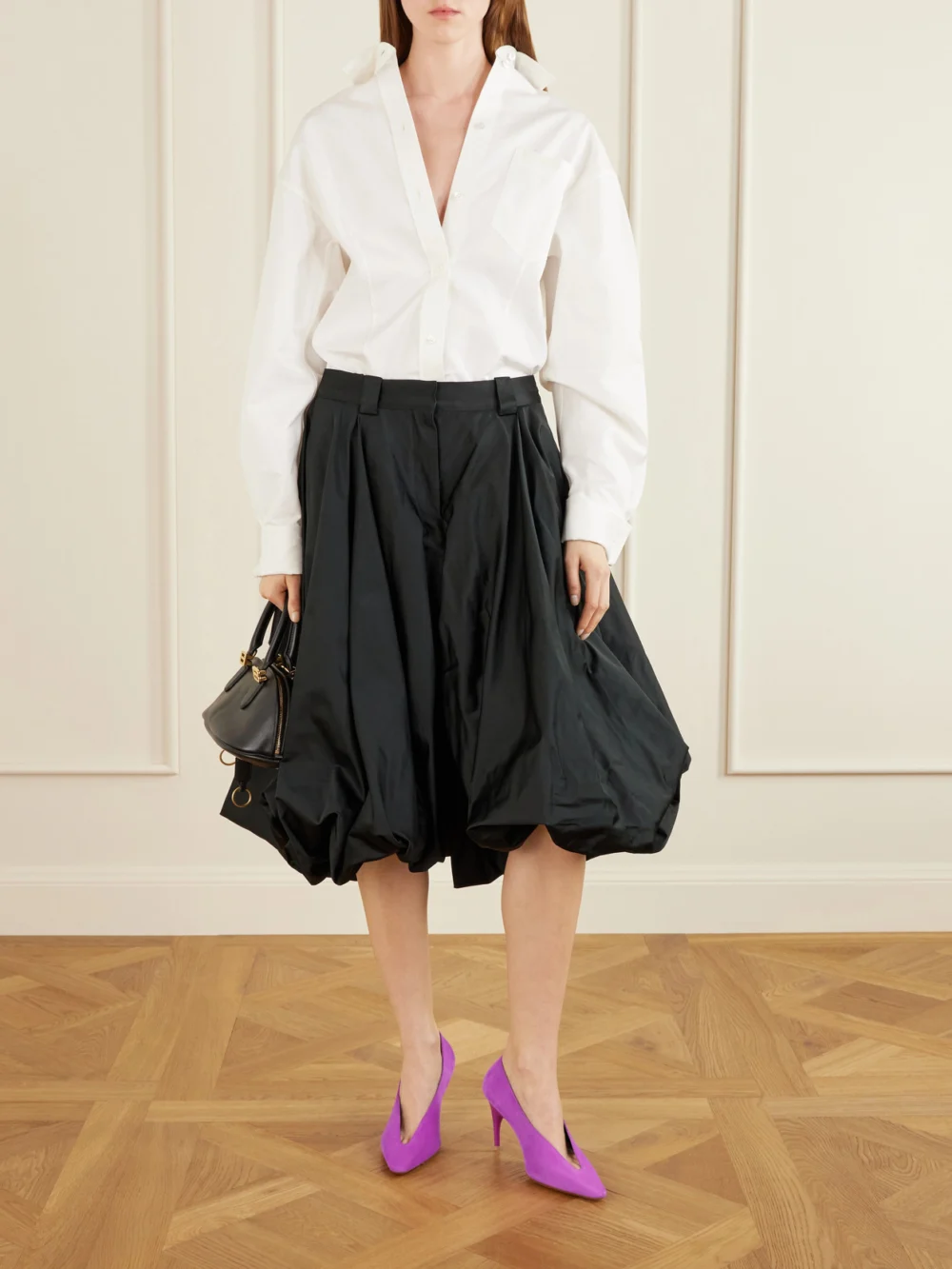 Balenciaga Pleated Satin Shorts, worn by a model