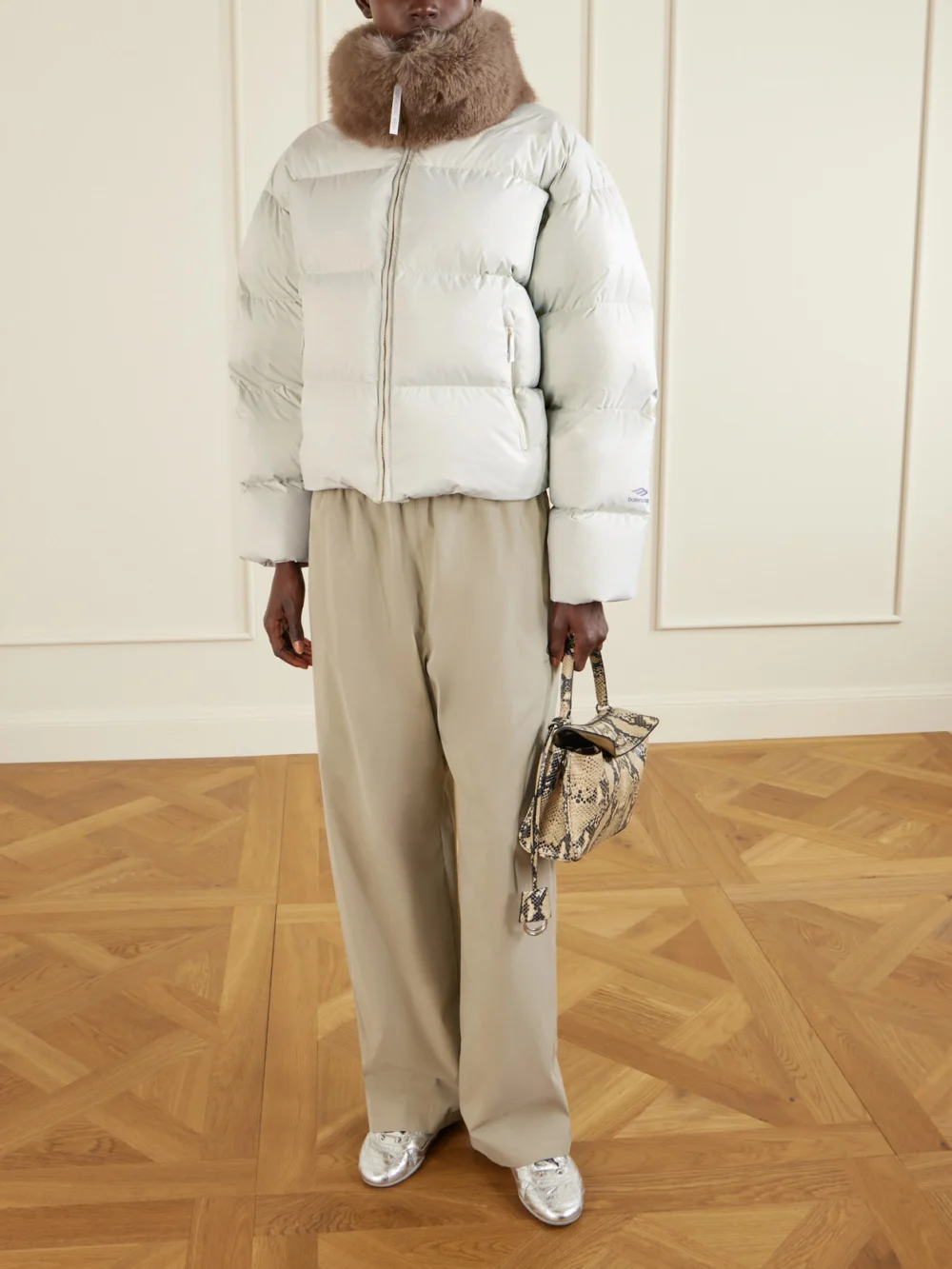 Balenciaga Plush-trimmed Padded Quilted Shell Down Jacket, worn by a model