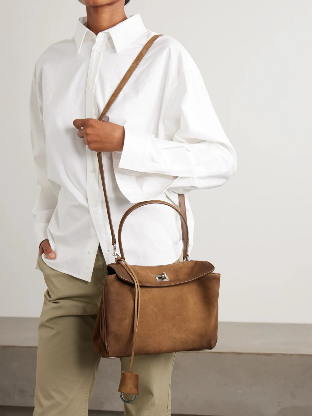 Balenciaga Rodeo Small Suede Top-handle Bag, styled view