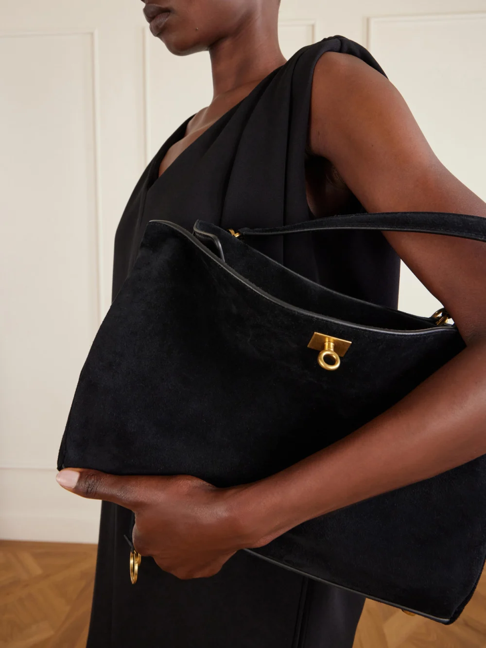 Balenciaga Rodeo Suede Shoulder Bag, styled view