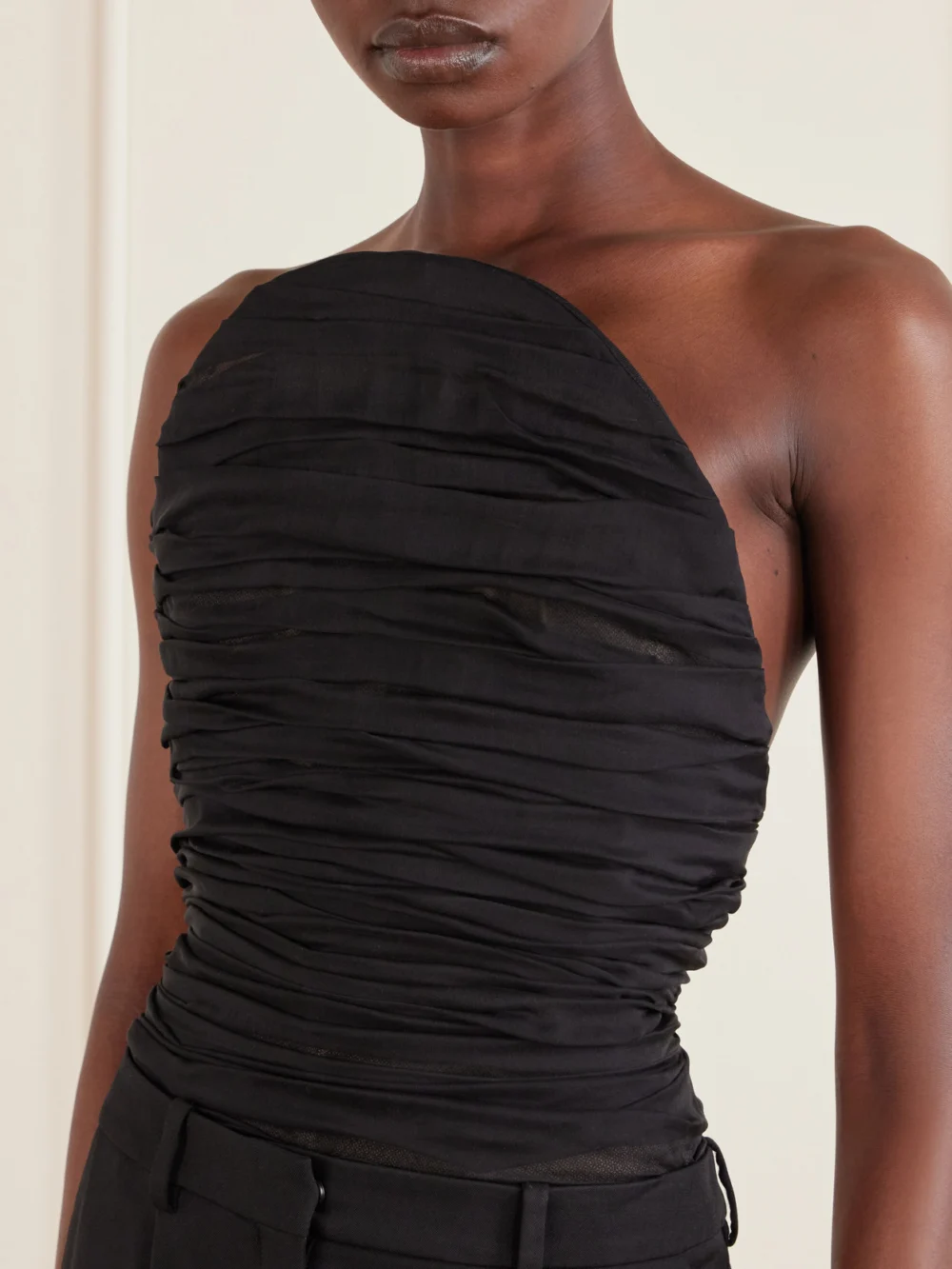 Close-up detail of the Balenciaga Ruched Silk-chiffon Bustier Top