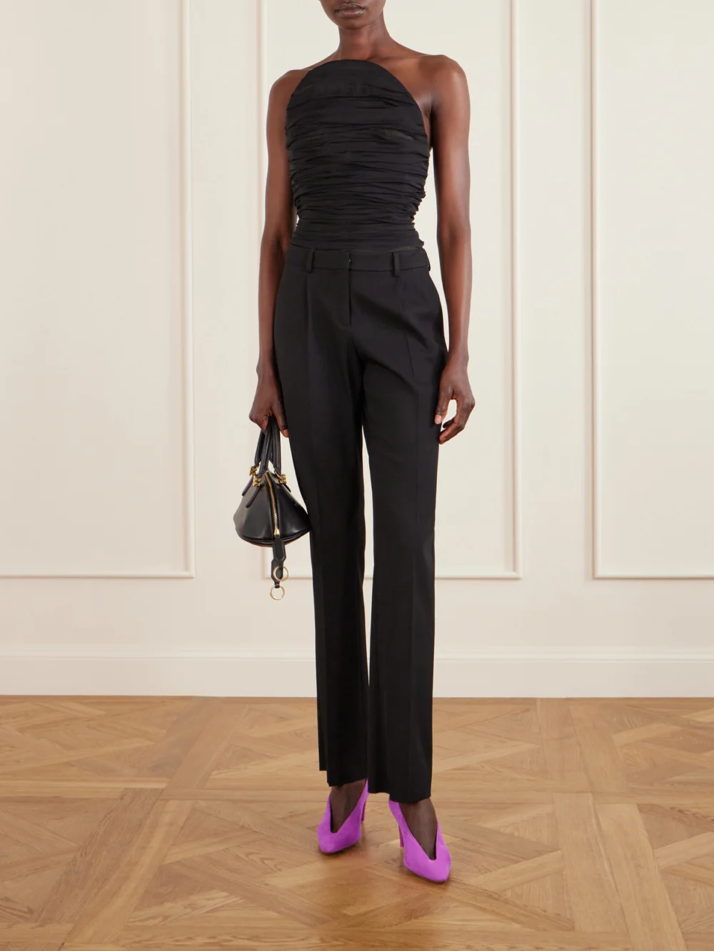 Balenciaga Ruched Silk-chiffon Bustier Top, worn by a model
