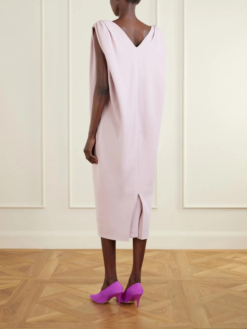 Back view of the Balenciaga Sack Silk and Wool-blend Cady Midi Dress