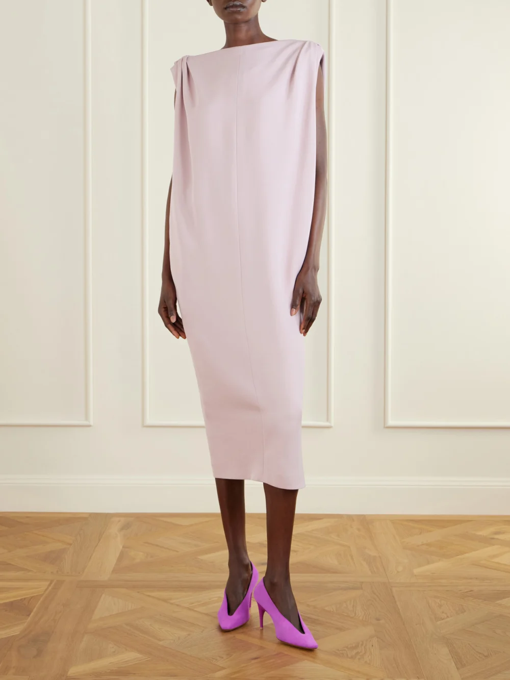 Balenciaga Sack Silk and Wool-blend Cady Midi Dress, worn by a model
