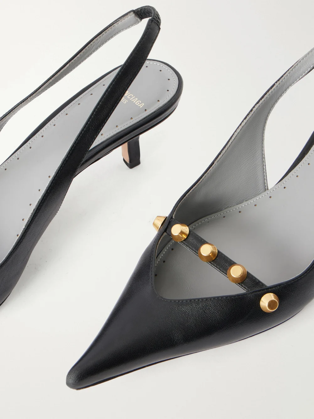 Close-up detail of the Balenciaga Studded 45 Leather Pumps