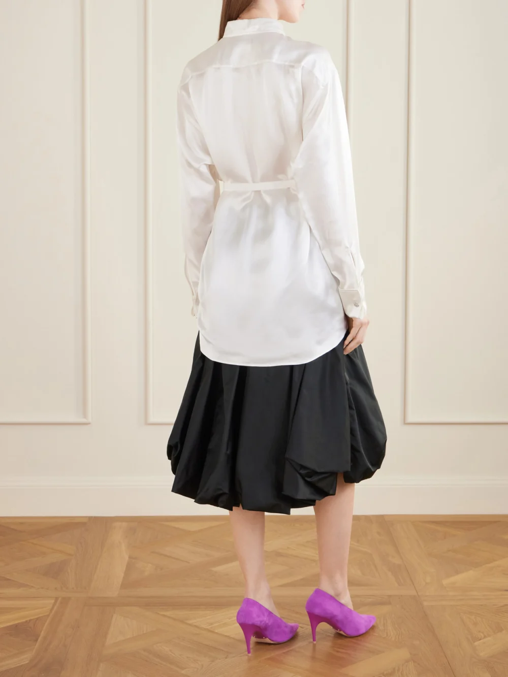 Back view of the Balenciaga Tie-detailed Crystal-embellished Silk-blend Satin Blouse