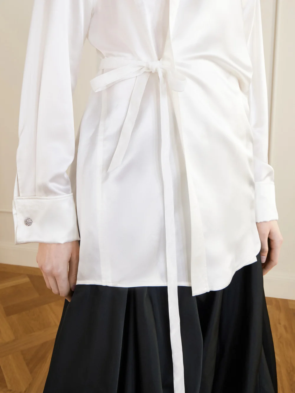 Close-up detail of the Balenciaga Tie-detailed Crystal-embellished Silk-blend Satin Blouse