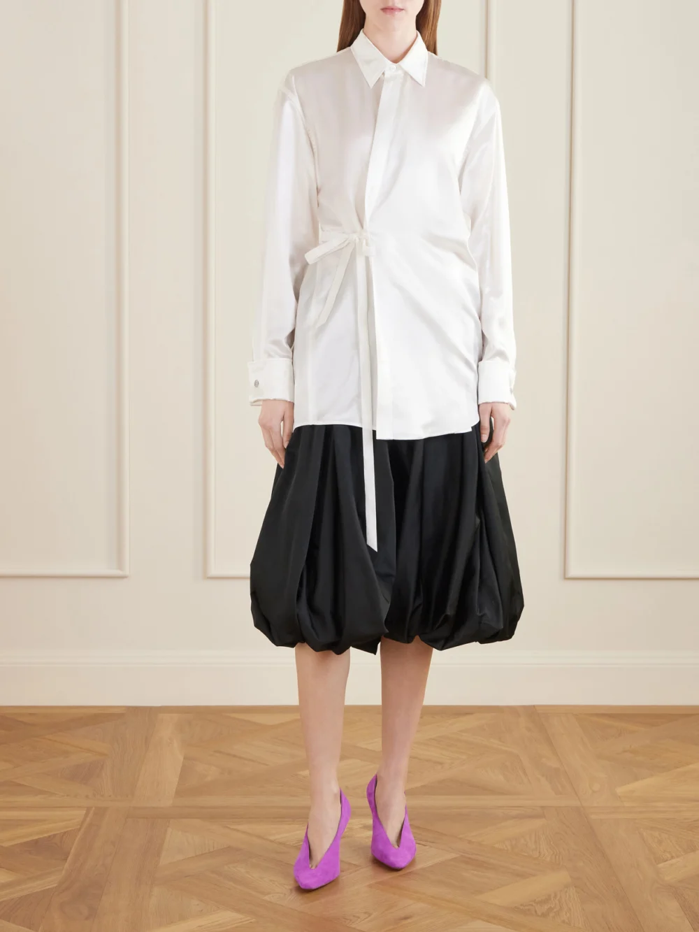 Balenciaga Tie-detailed Crystal-embellished Silk-blend Satin Blouse, worn by a model