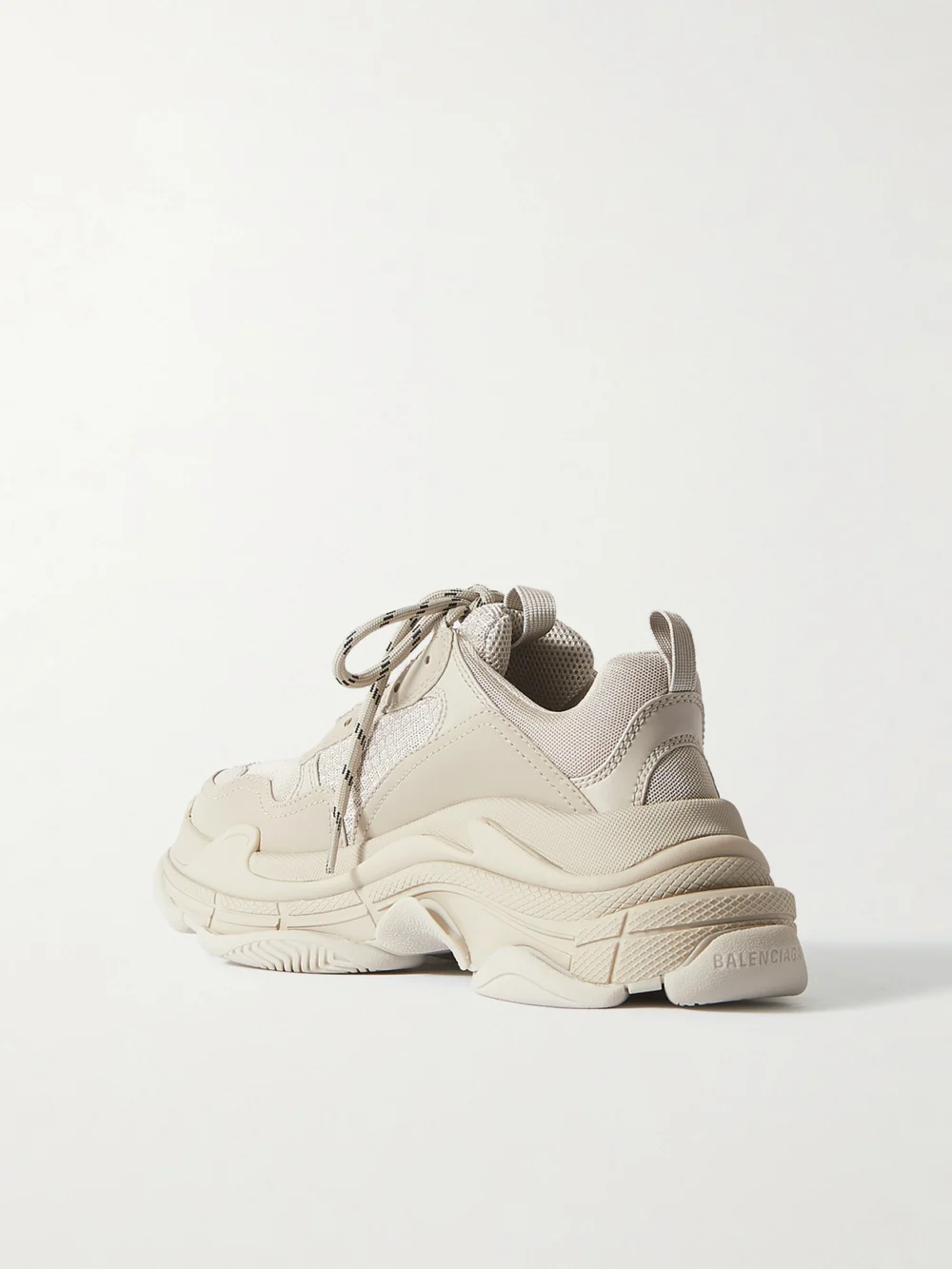 Back view of the Balenciaga Triple S Logo-embroidered Leather, Nubuck and Mesh Sneakers