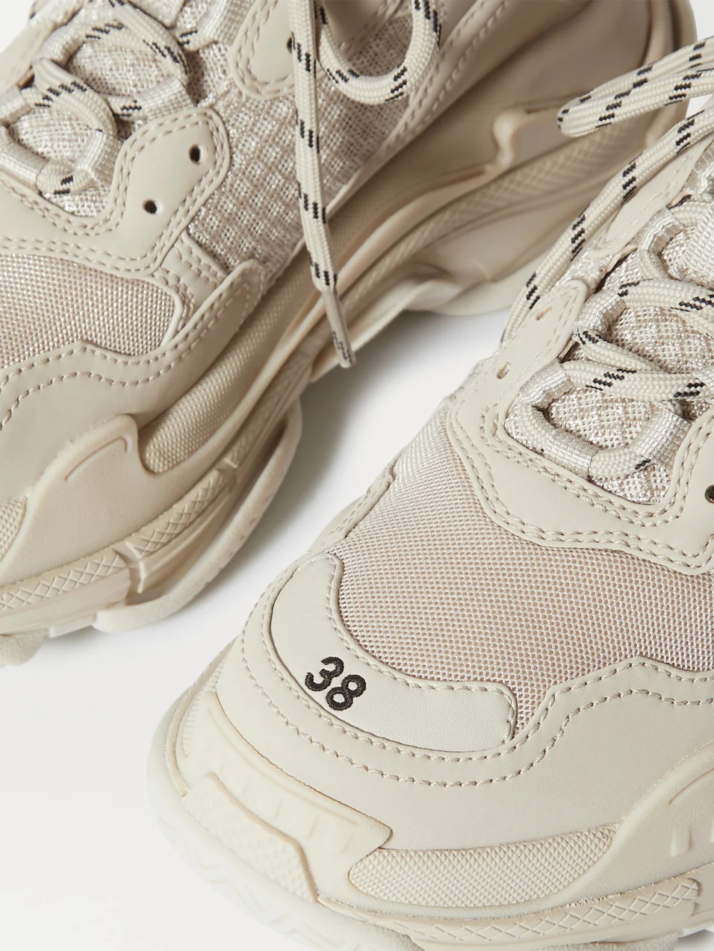 Close-up detail of the Balenciaga Triple S Logo-embroidered Leather, Nubuck and Mesh Sneakers