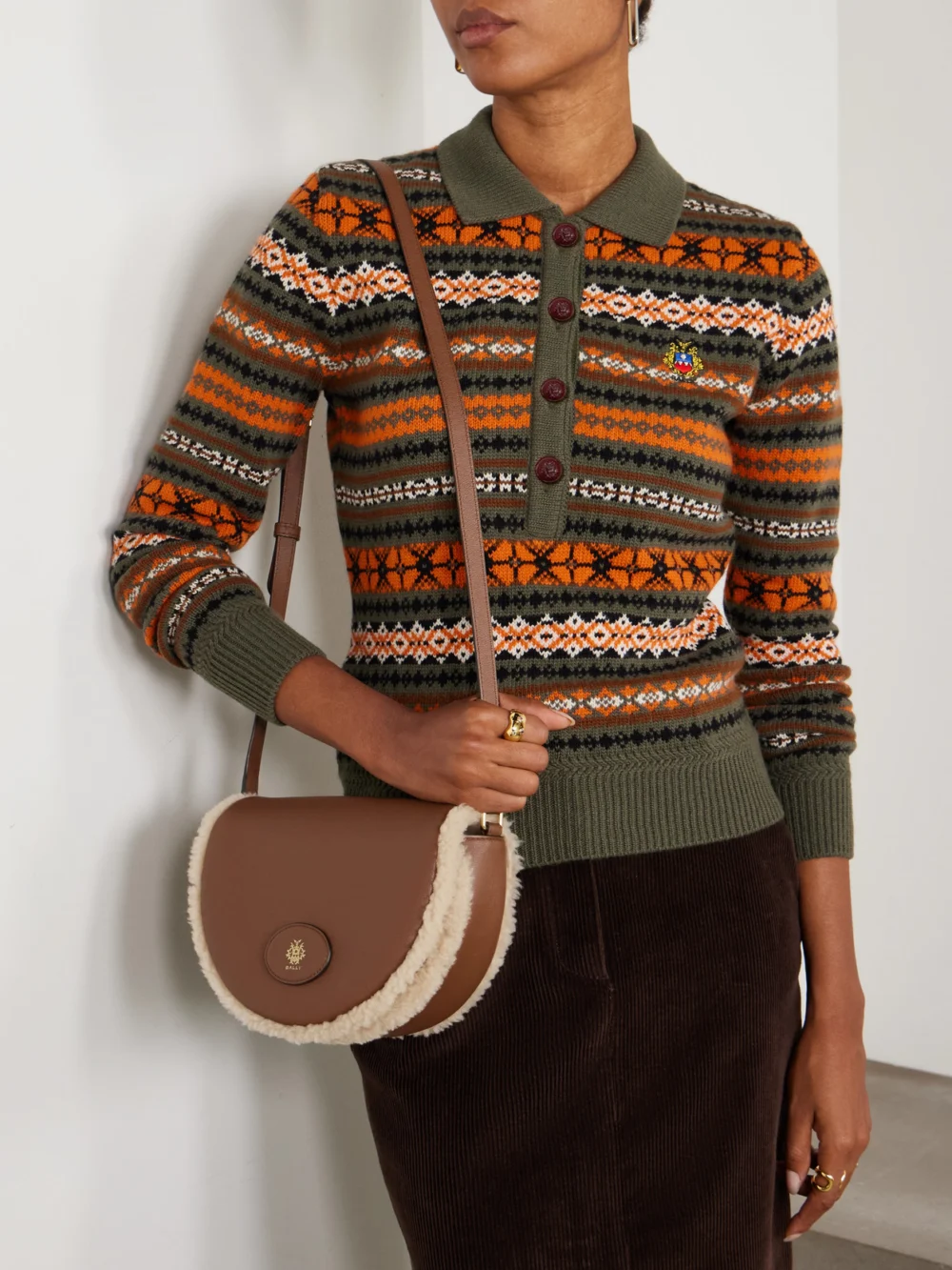Bally Elisabeth Shearling-trimmed Leather Shoulder Bag, styled view