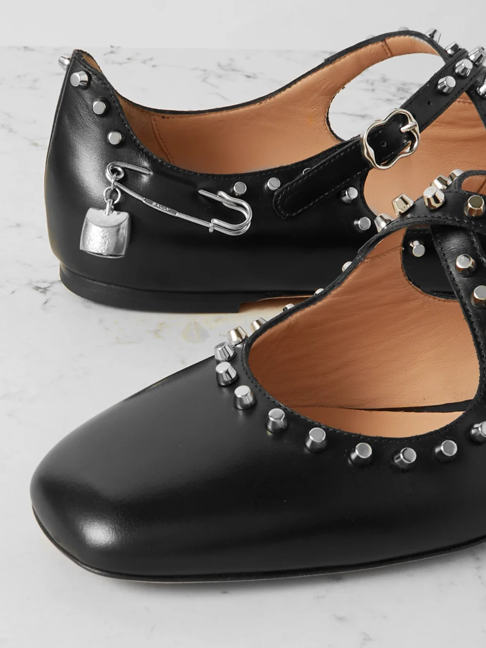 Close-up detail of the Bally Embellished Studded Leather Ballet Flats