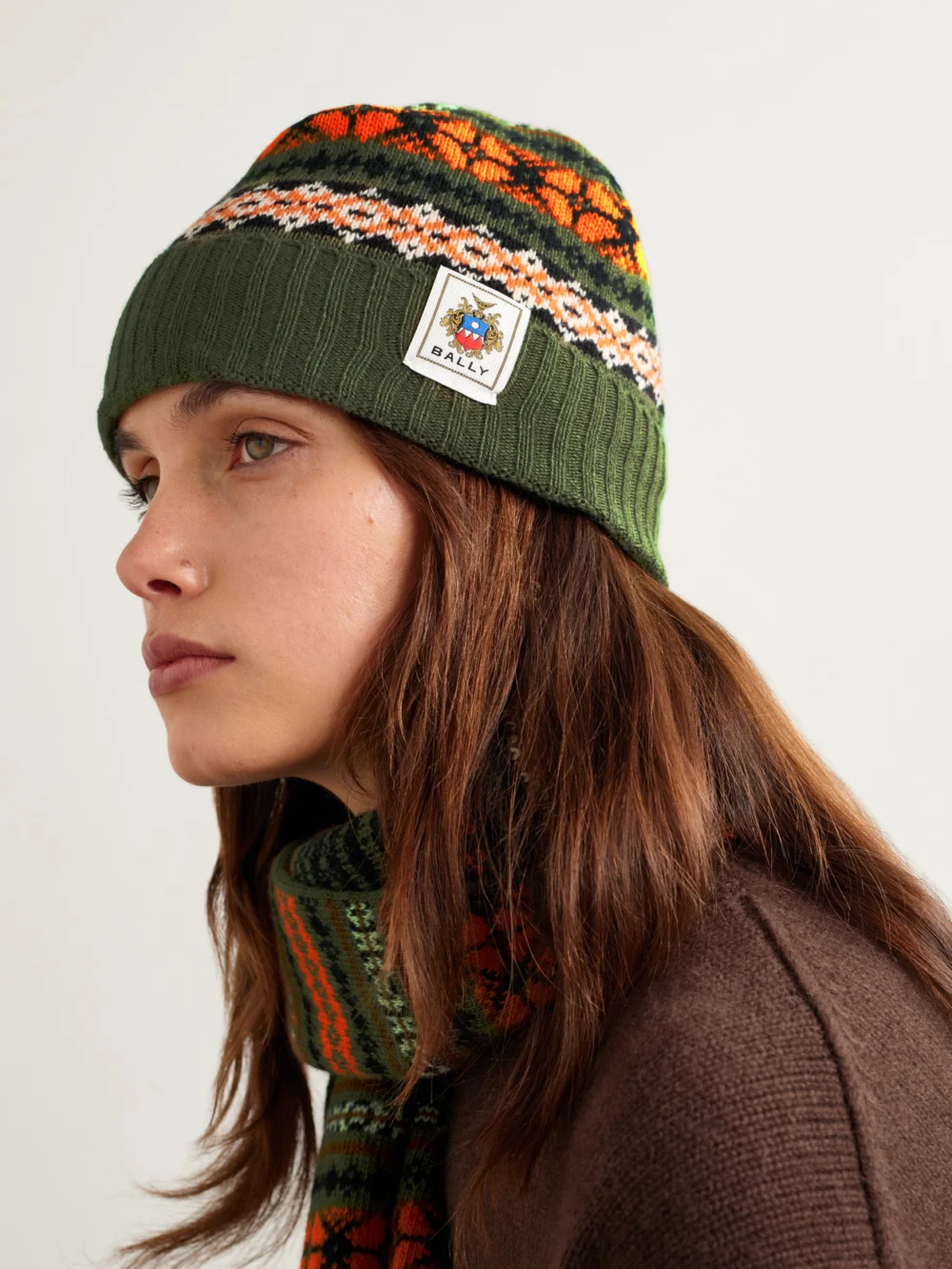 Bally Fair Isle Wool Beanie, styled view