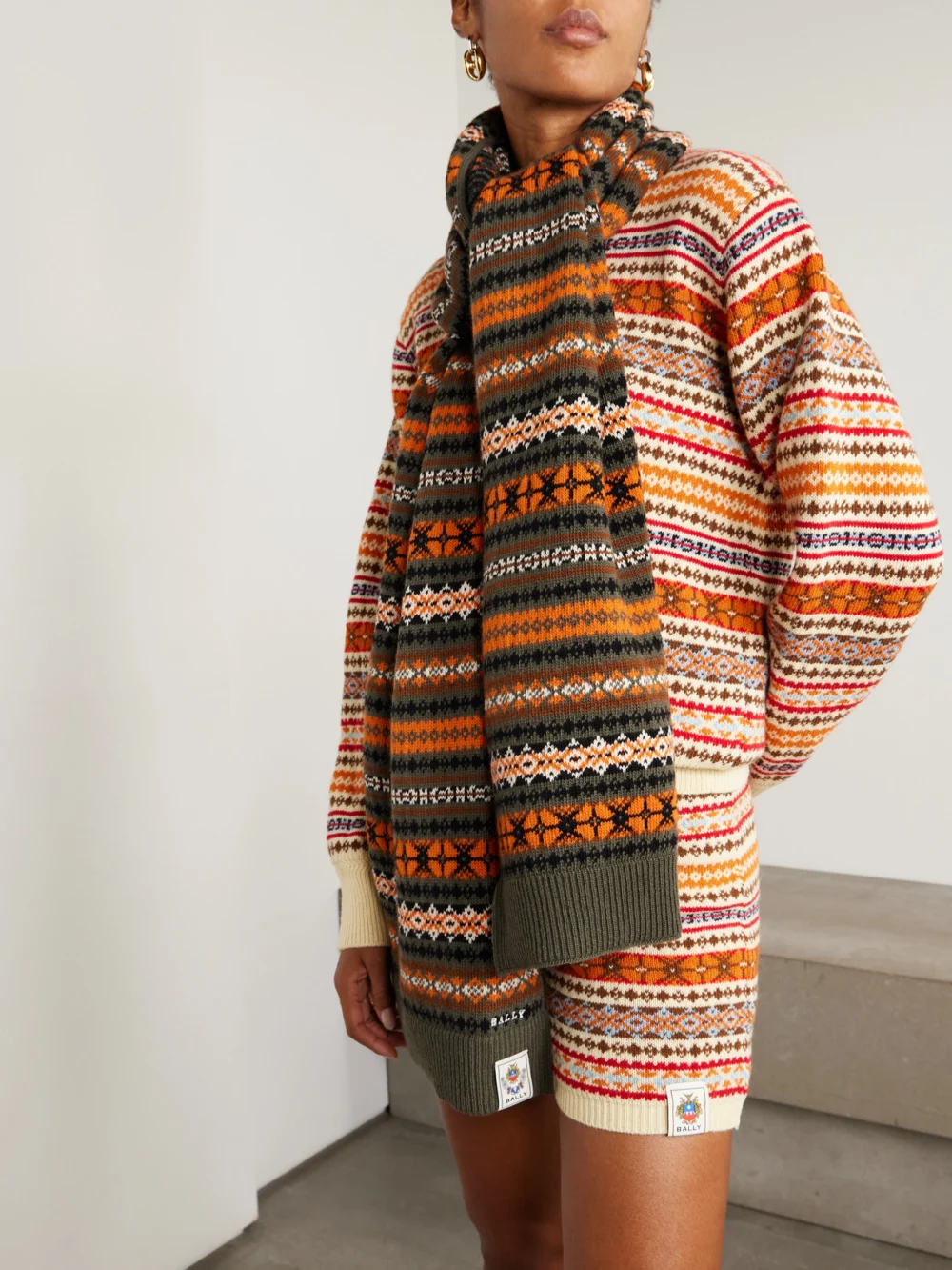 Bally Fair Isle Wool Scarf, styled view