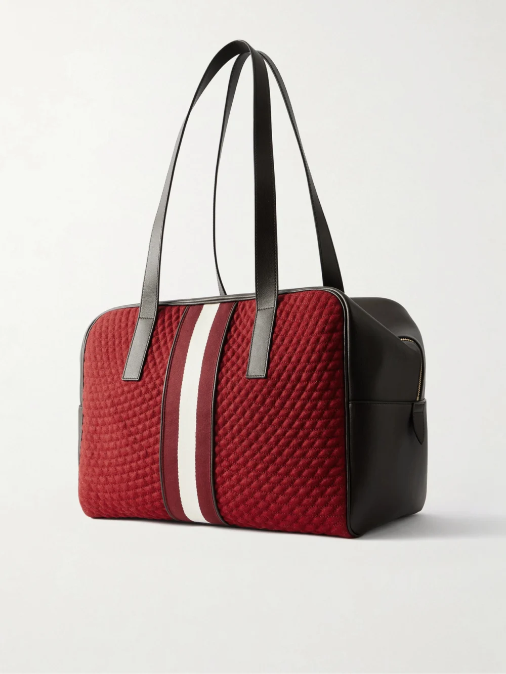Back view of the Bally Weekender Leather and Striped Canvas-trimmed Quilted Felt Tote