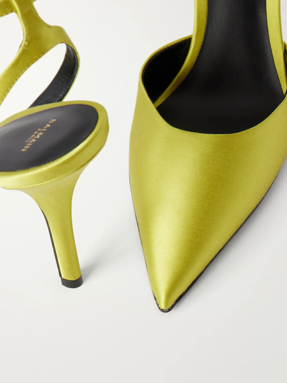 Close-up detail of the Balmain 100 Embellished Satin Pumps