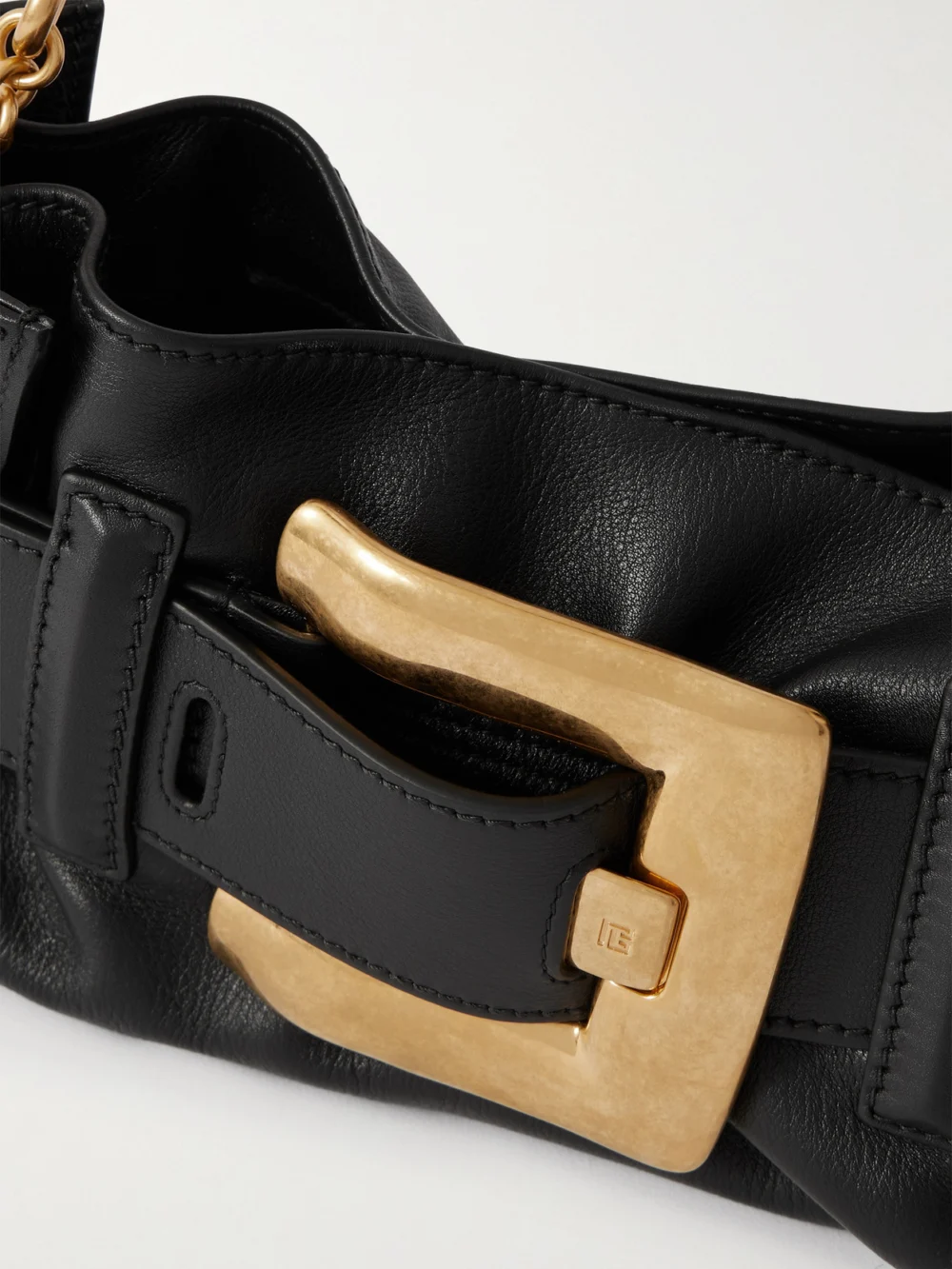 Close-up detail of the Balmain Anthem Buckled Leather Shoulder Bag