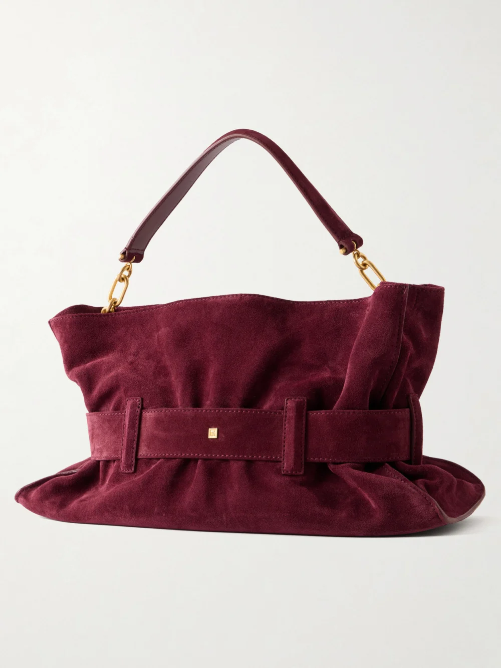 Back view of the Balmain Anthem Buckled Suede Shoulder Bag