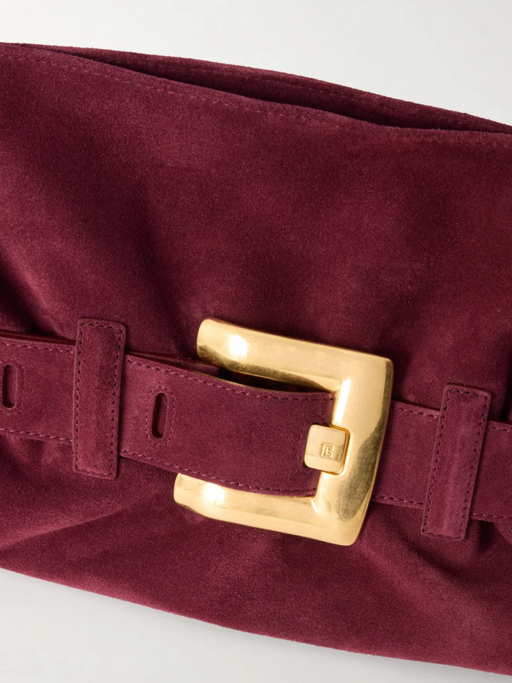 Close-up detail of the Balmain Anthem Buckled Suede Shoulder Bag