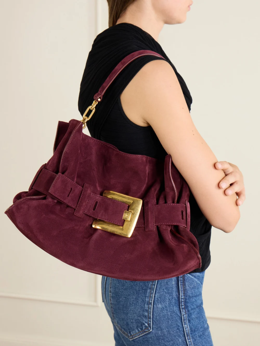 Balmain Anthem Buckled Suede Shoulder Bag, styled view