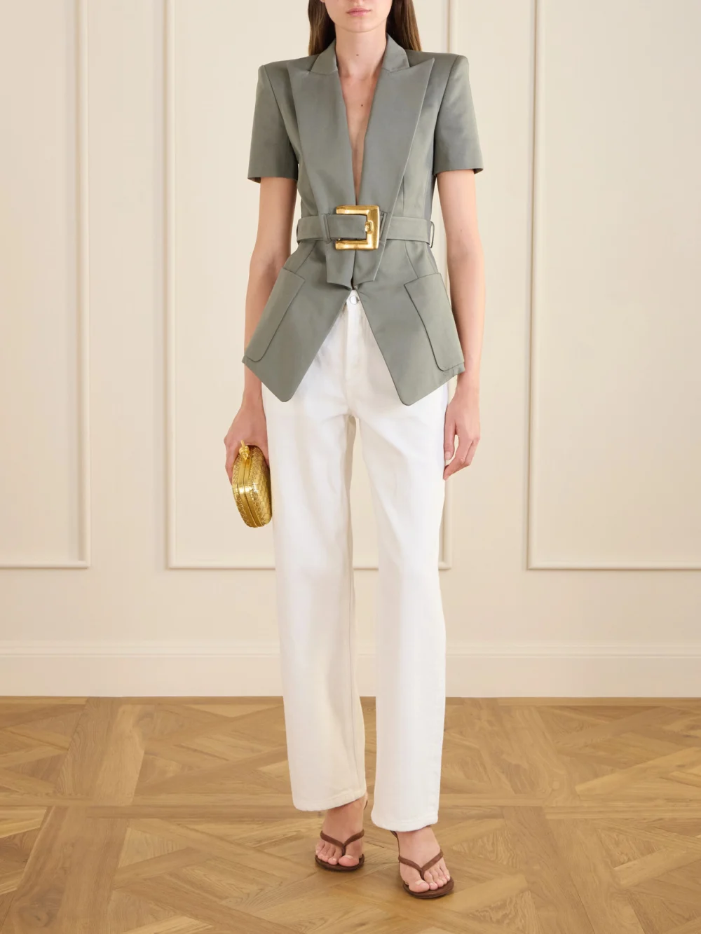Balmain Belted Cotton-gabardine Jacket, worn by a model